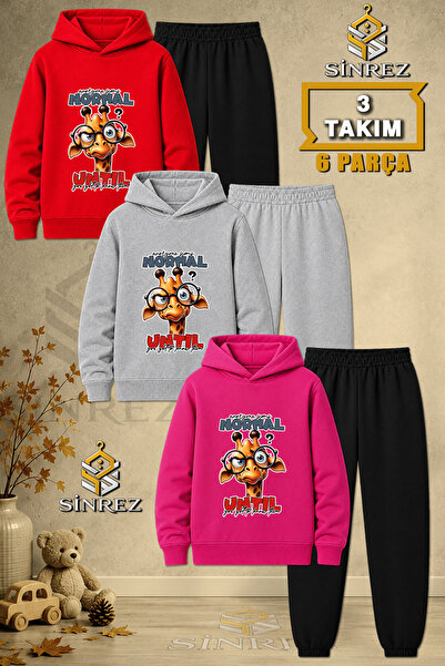 SİNREZ Children's Unisex 3Lu Zurafa Printed Hooded Tracksuit Set with Glasses...