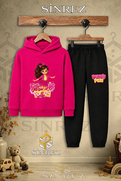 SİNREZ Children's Unisex Single Pink Fairy Skate Printed Hooded Tracksuit Set