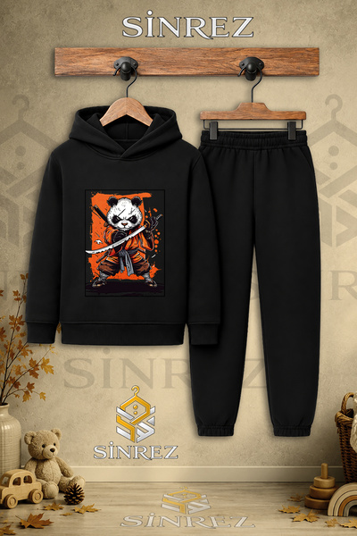 SİNREZ Children's Unisex Single Panda Ninja Printed Hooded Tracksuit Set