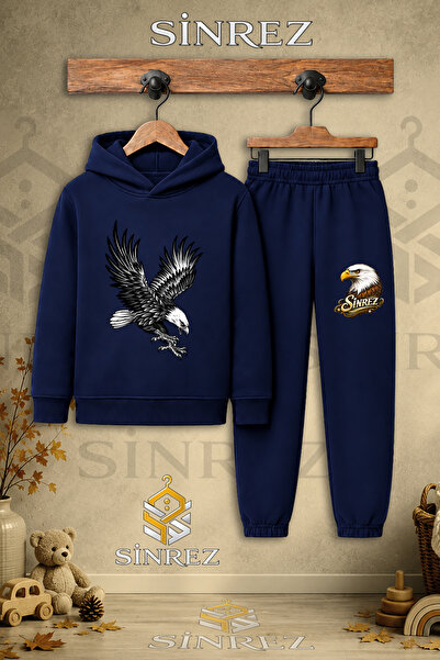 SİNREZ Children's Unisex Single Eagle Black Atak Printed Hooded Tracksuit Set