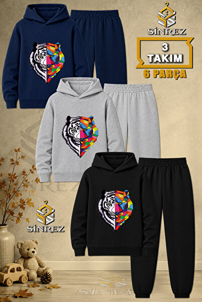 SİNREZ Children's Unisex 3Lu Tiger Geometric Printed Hooded Tracksuit Set