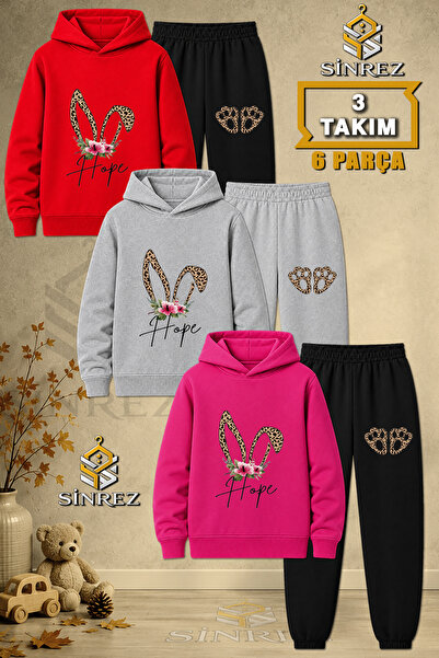 SİNREZ Children's Unisex 3Lu Rabbit Ear Flower Leopard Pattern Printed Hooded...