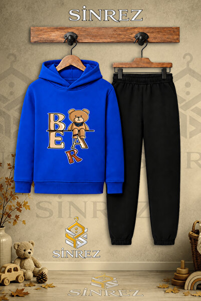 SİNREZ Children's Unisex Single Bear Printed Hooded Tracksuit Set