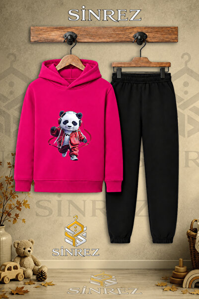 SİNREZ Children's Unisex Single Panda Printed Hooded Tracksuit Set with Red E...