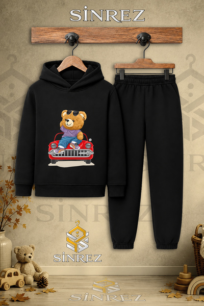 SİNREZ Children's Unisex Single Teddy Bear Printed Hooded Tracksuit Set on Re...
