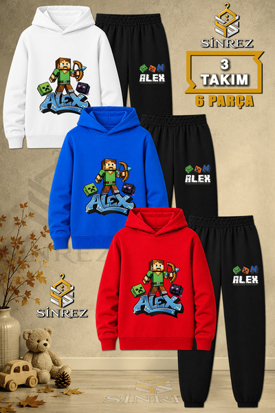 SİNREZ Children's Unisex 3Lu Alex Arrow Shooting Printed Hooded Tracksuit Set