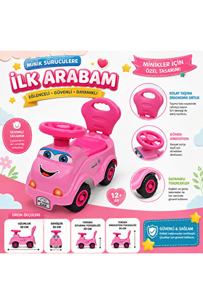 SUDESA OYUNCAK 12+ AY İLK ARABAM PEMBE BİNMELİ OYUNCAK ARABA DİREKSİYONLU ÇOC...