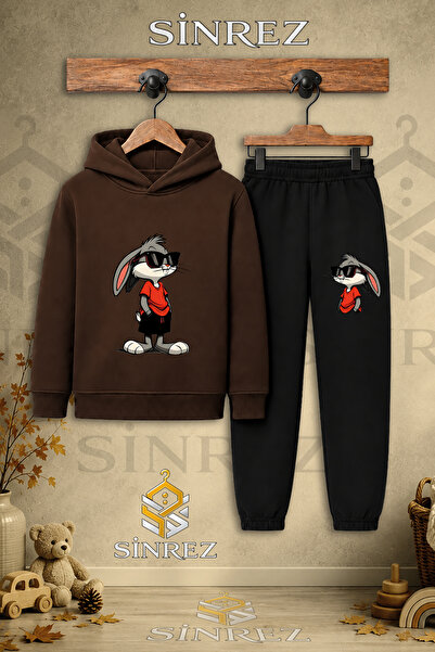 SİNREZ Children's Unisex Hooded Tracksuit Set with Glasses and Rabbit Print