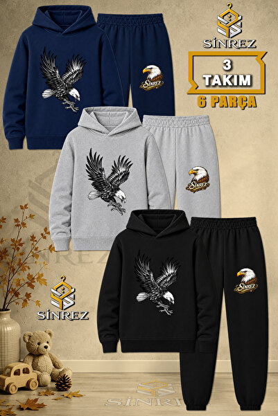 SİNREZ Children's Unisex 3Lu Eagle Black Attack Printed Hooded Tracksuit Set