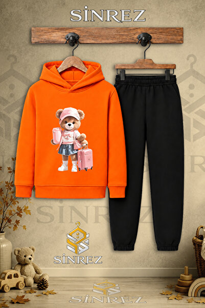 SİNREZ Children's Unisex Single Teddy Bear Printed Hooded Tracksuit Set with ...
