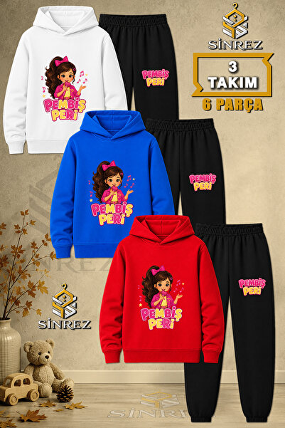 SİNREZ Children's Unisex 3Lu Pembis Peri Half Microphone Printed Hooded Track...