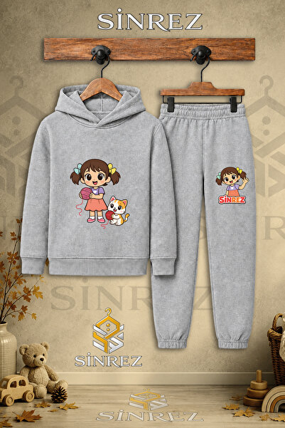 SİNREZ Children's Unisex Single Girl Cat Rope Yumagi Printed Hooded Tracksuit...