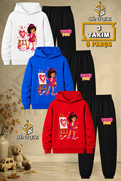 SİNREZ Children's Unisex 3Lu Pembis Peri Canvas Heart Printed Hooded Tracksui...