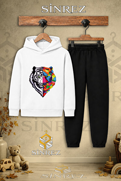 SİNREZ Children's Unisex Single Tiger Geometric Printed Hooded Tracksuit Set