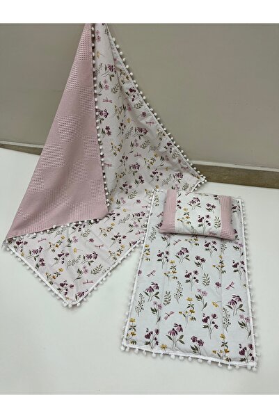 BUSEBABYHOME Poplin Fabric and Pompom Bottom Cover, Pillow and Blanket Set of 3