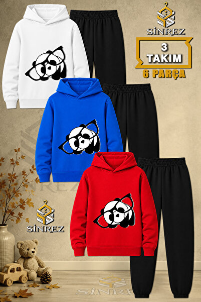 SİNREZ Children's Unisex 3Lu Panda Glasses Black and White Printed Hooded Tra...