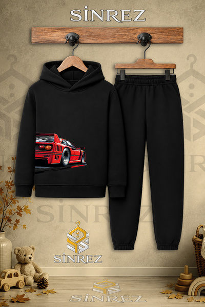SİNREZ Children's Unisex Single Car Red Hooded Tracksuit Set with Printed Des...
