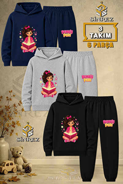 SİNREZ Children's Unisex 3Lu Pink Fairy Reading a Book Printed Hooded Tracksu...