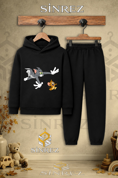 SİNREZ Children's Unisex Single Cat Mouse Chase Printed Hooded Tracksuit Set