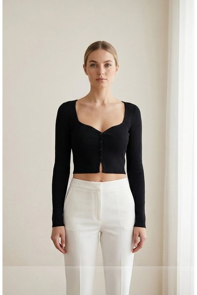 Lux Store Women's Black Long Sleeve Buttoned Chest and Belly Low-Cut Crop Top...