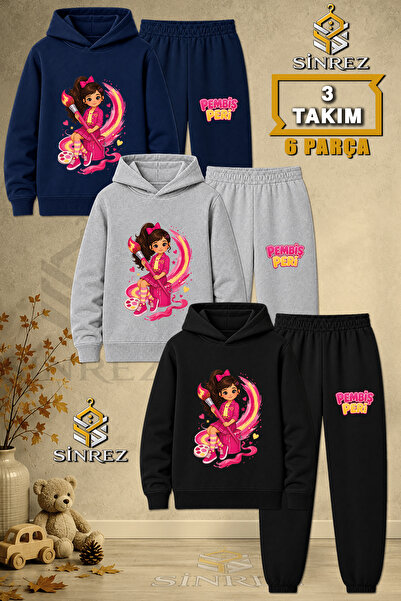 SİNREZ Children's Unisex 3Lu Printed Hooded Tracksuit Set Sitting in a Pink F...