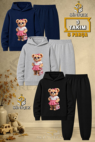 SİNREZ Children's Unisex 3Lu Teddy Bear Pink Cantali Printed Hooded Tracksuit...