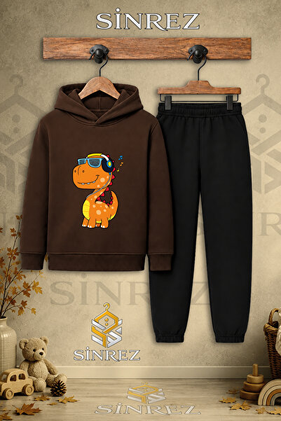 SİNREZ Children's Unisex Single Dino Headphones Orange Printed Hooded Tracksu...