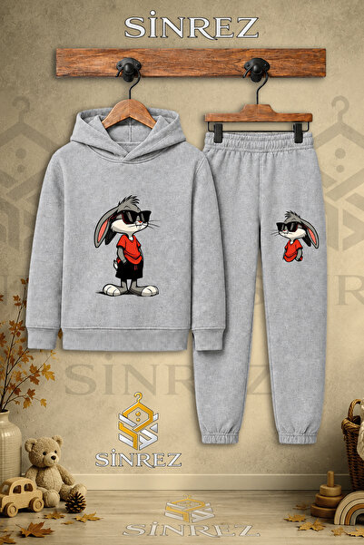 SİNREZ Children's Unisex Hooded Tracksuit Set with Glasses and Rabbit Print