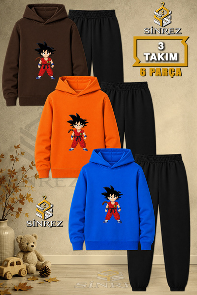 SİNREZ Children's Unisex 3Lu Goku Duz Standing Single Printed Hooded Tracksui...