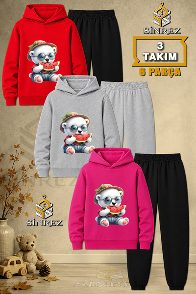 SİNREZ Children's Unisex 3Lu Teddy Bear Eating White Watermelon Printed Hoode...