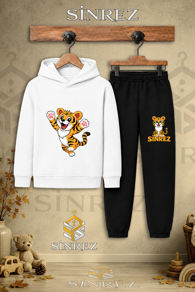 SİNREZ Children's Unisex Single Tiger Paw Air Printed Hooded Tracksuit Set