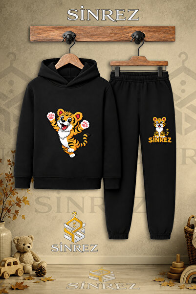SİNREZ Children's Unisex Single Tiger Paw Air Printed Hooded Tracksuit Set