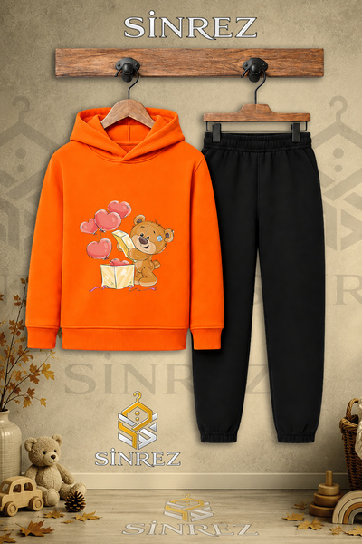 SİNREZ Children's Unisex Single Teddy Bear and Hearts Printed Hooded Tracksui...