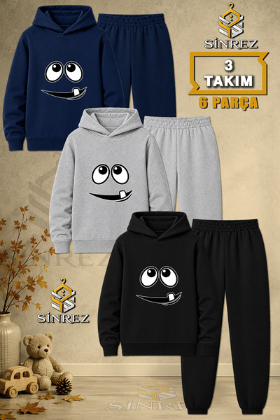 SİNREZ Children's Unisex 3Lu Single Dis Eye Face Printed Hooded Tracksuit Set