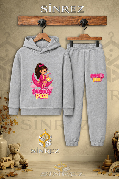 SİNREZ Children's Unisex Single-Piece Pink Fairy Printed Hooded Tracksuit Set...