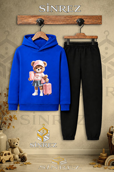 SİNREZ Children's Unisex Single Teddy Bear Printed Hooded Tracksuit Set with ...