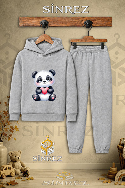 SİNREZ Children's Unisex Single Panda Pink Heart Printed Hooded Tracksuit Set