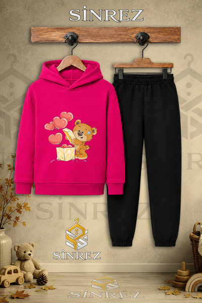 SİNREZ Children's Unisex Single Teddy Bear and Hearts Printed Hooded Tracksui...