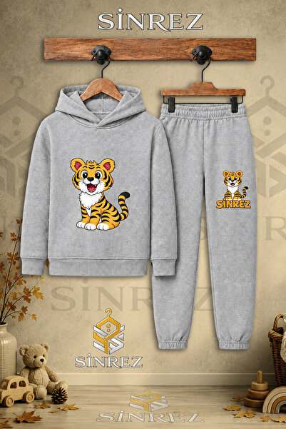 SİNREZ Children's Unisex Single Tiger Sitting Printed Hooded Tracksuit Set