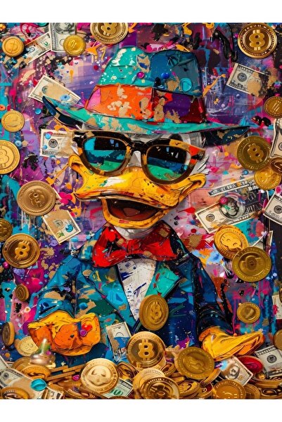 Zengin Ördek (Rich Duck) / Bitcoin, Dolar ve Şapkalı Karakter Modern Pop- Art Sokak Sanatı MDF UV Baskı Tablo (60x90 cm)