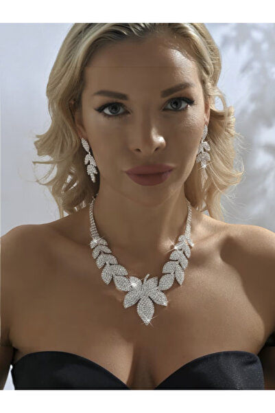 Alyas Aksesuar Platinum Plated Stone Embellished Leaf Wedding Jewelry Set