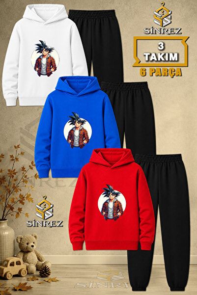 SİNREZ Children's Unisex 3Lu Goku White Circle Shirt Printed Hooded Tracksuit...