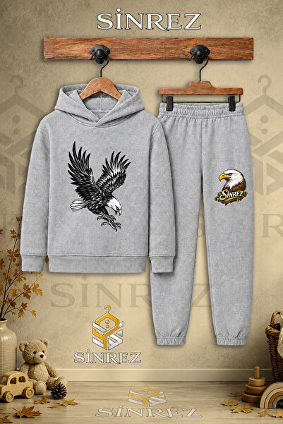 SİNREZ Children's Unisex Single Eagle Black Atak Printed Hooded Tracksuit Set