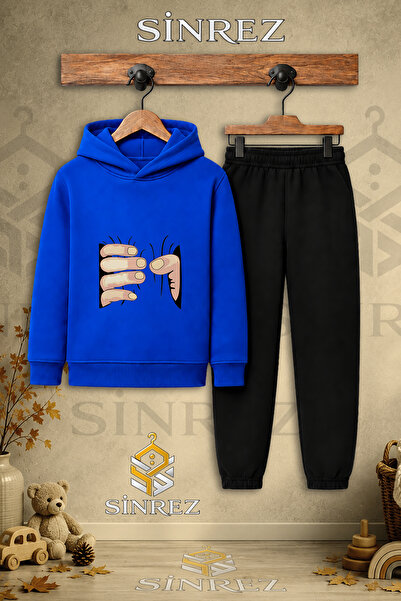 SİNREZ Children's Unisex Single-Handed Black Printed Hooded Tracksuit Set