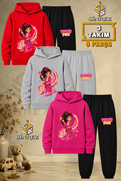 SİNREZ Children's Unisex 3Lu Printed Hooded Tracksuit Set Sitting in a Pink F...