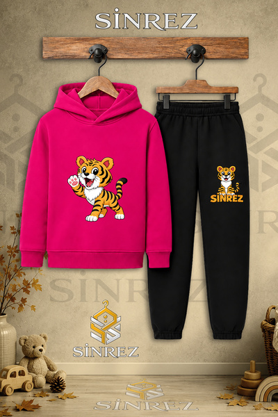 SİNREZ Children's Unisex Single Tiger Single Paw Air Printed Hooded Tracksuit...