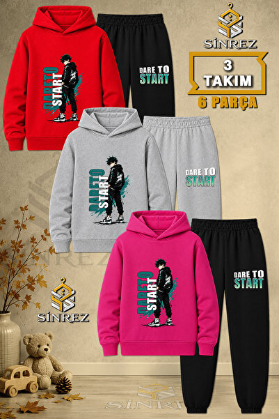 SİNREZ Children's Unisex 3Lu Dare to Text Printed Hooded Tracksuit Set