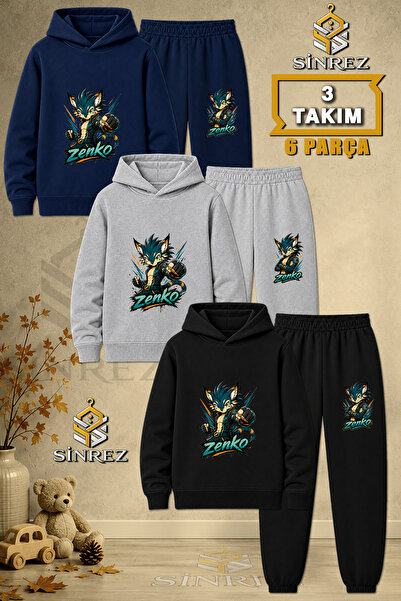 SİNREZ Children's Unisex 3Lu Zenko Half Fist Printed Hooded Tracksuit Set