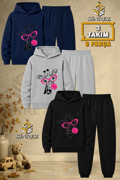 SİNREZ Children's Unisex 3Lu Zurafa Printed Hooded Tracksuit Set with Glasses...