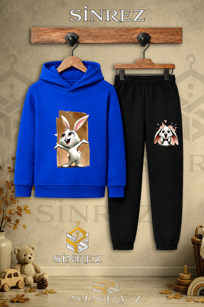 SİNREZ Children's Unisex Single Tavsan Canvas White Pink Printed Hooded Track...